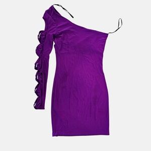 Purple One Shoulder Ruched Sleeve Embellished Dress